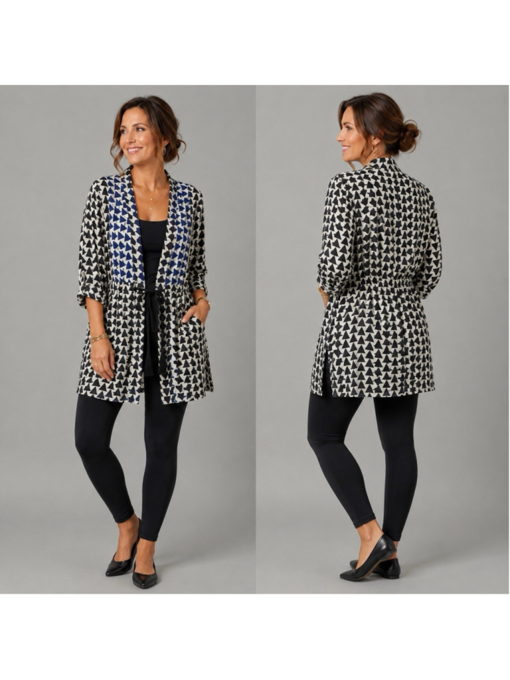 Sibel Saral 100% Silk Geometric Print Kimono Duster Open Front Jacket Large